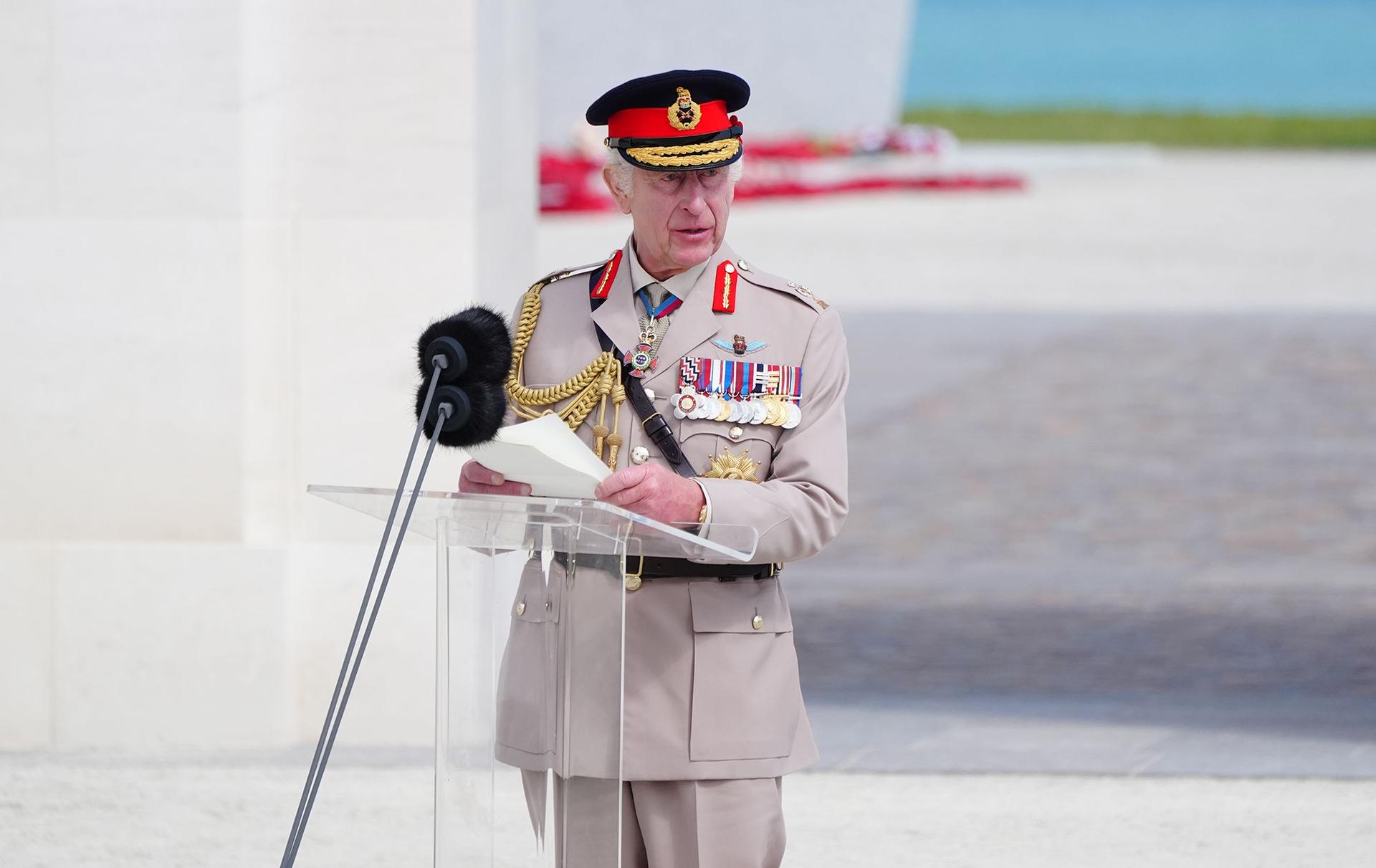 King Charles III speaks during the UK commemorative event at the British Normandy Memorial in Ver-sur-Mer.