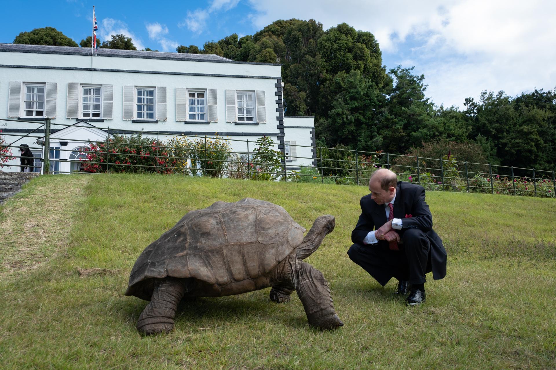 Prince Edward and Jonathan the tortoise in St. Helena.