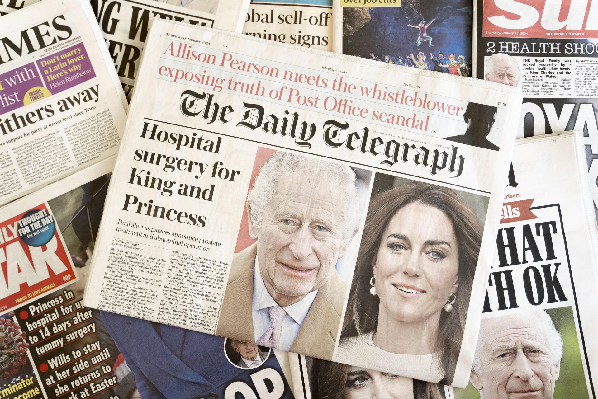 A selection of front pages from UK daily national newspaper coverage of of King Charles and Catherine, The Princess of Wales being admitted to hospital on January 18, 2024 in London, England. 