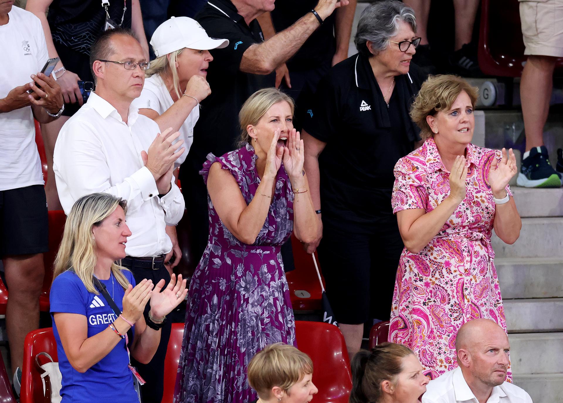 Sophie, Duchess of Edinburgh celebrates the gold medal of Britain’s Team GB in the women’s team sprint and the world record set during the track cycling on day 10 of the 2024 Olympic Games at the Saint-Quentin-en-Yvelines velodrome on Monday. 