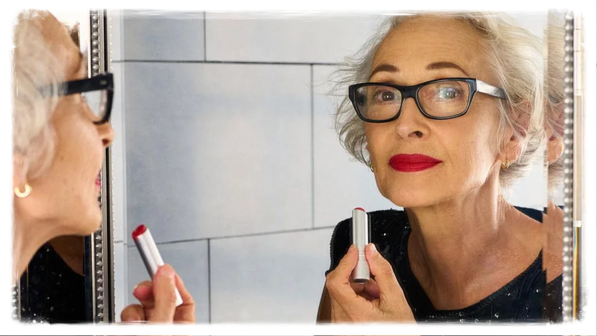 Woman applying red lipstick in a mirror