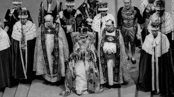 Britain's Queen Elizabeth II sits on a throne during her coronation in Westminster Abbey in London.