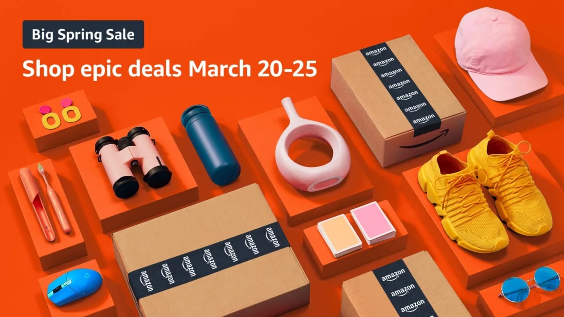 Orange background with Amazon boxes and products