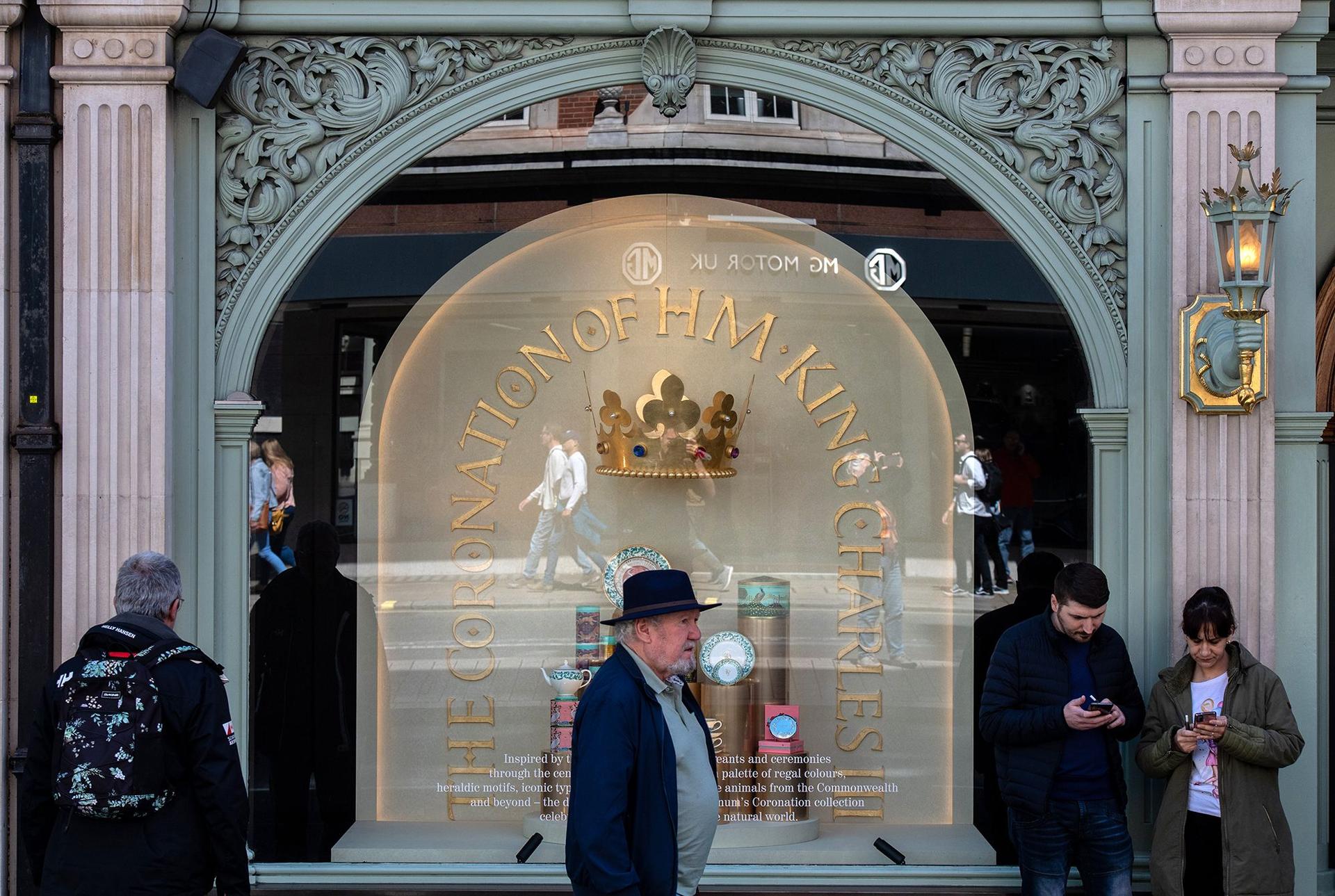 A window display at Fortnum and Mason celebrates the coronation of King Charles III on April 29, 2023 in London, England.