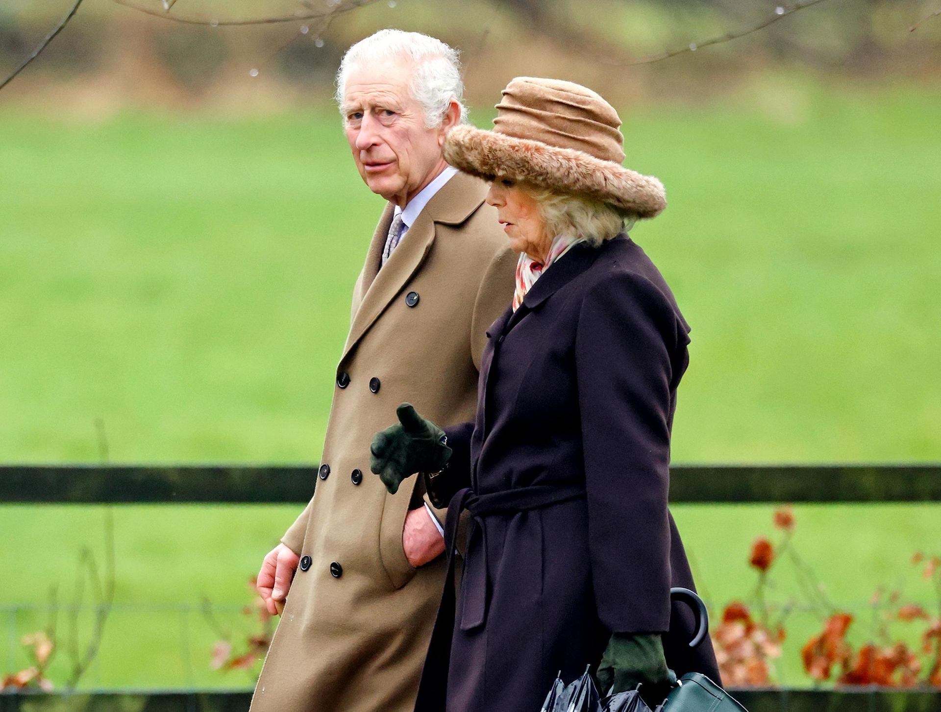 King Charles III and Queen Camilla attend the Sunday service at the Church of St Mary Magdalene on the Sandringham estate on February 18, 2024 in Sandringham, England.