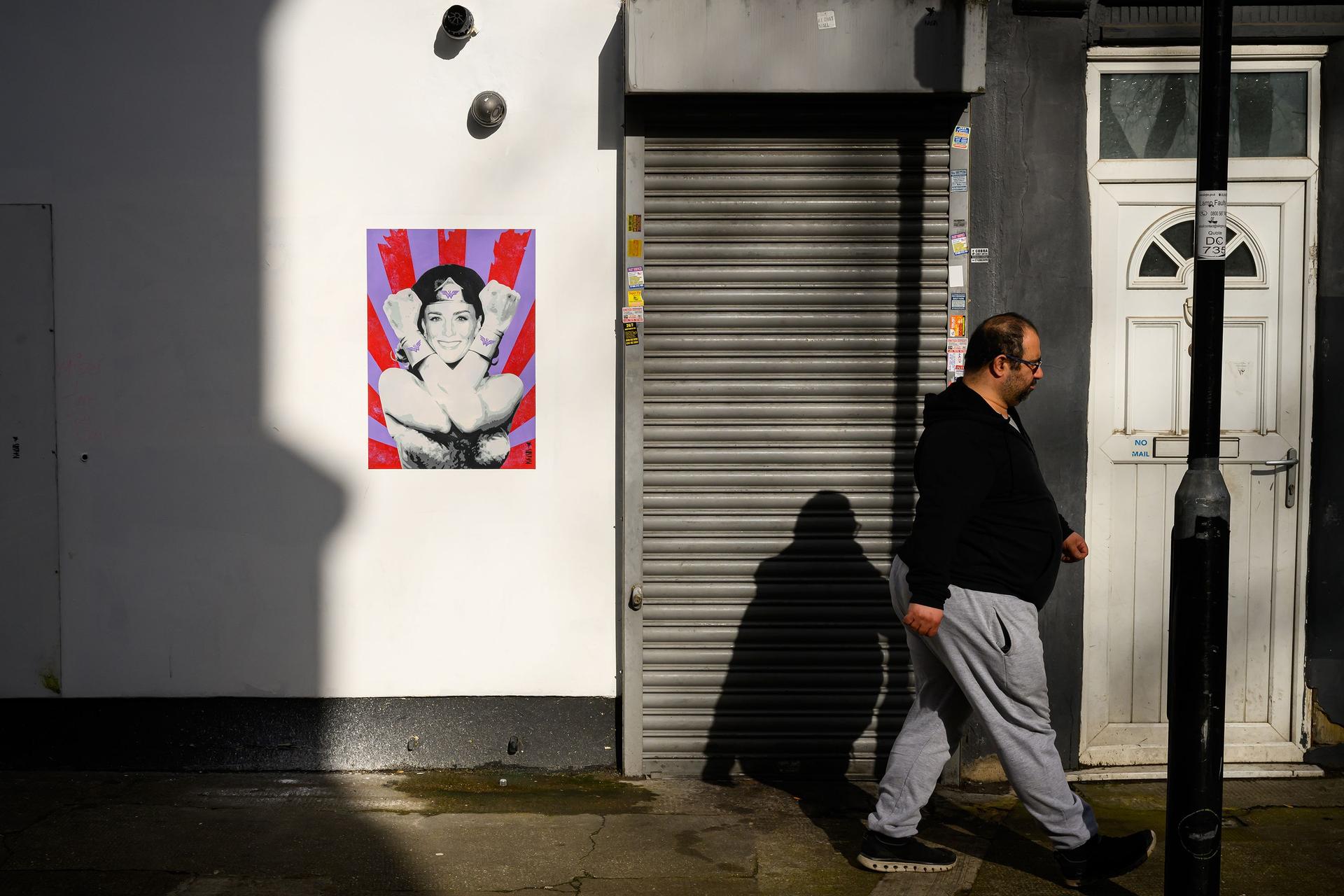 A new work by American street artist Pegasus, depicting Catherine, the Princess of Wales, as superhero Wonder Woman is seen on a wall on March 27, 2024 in London, England. 