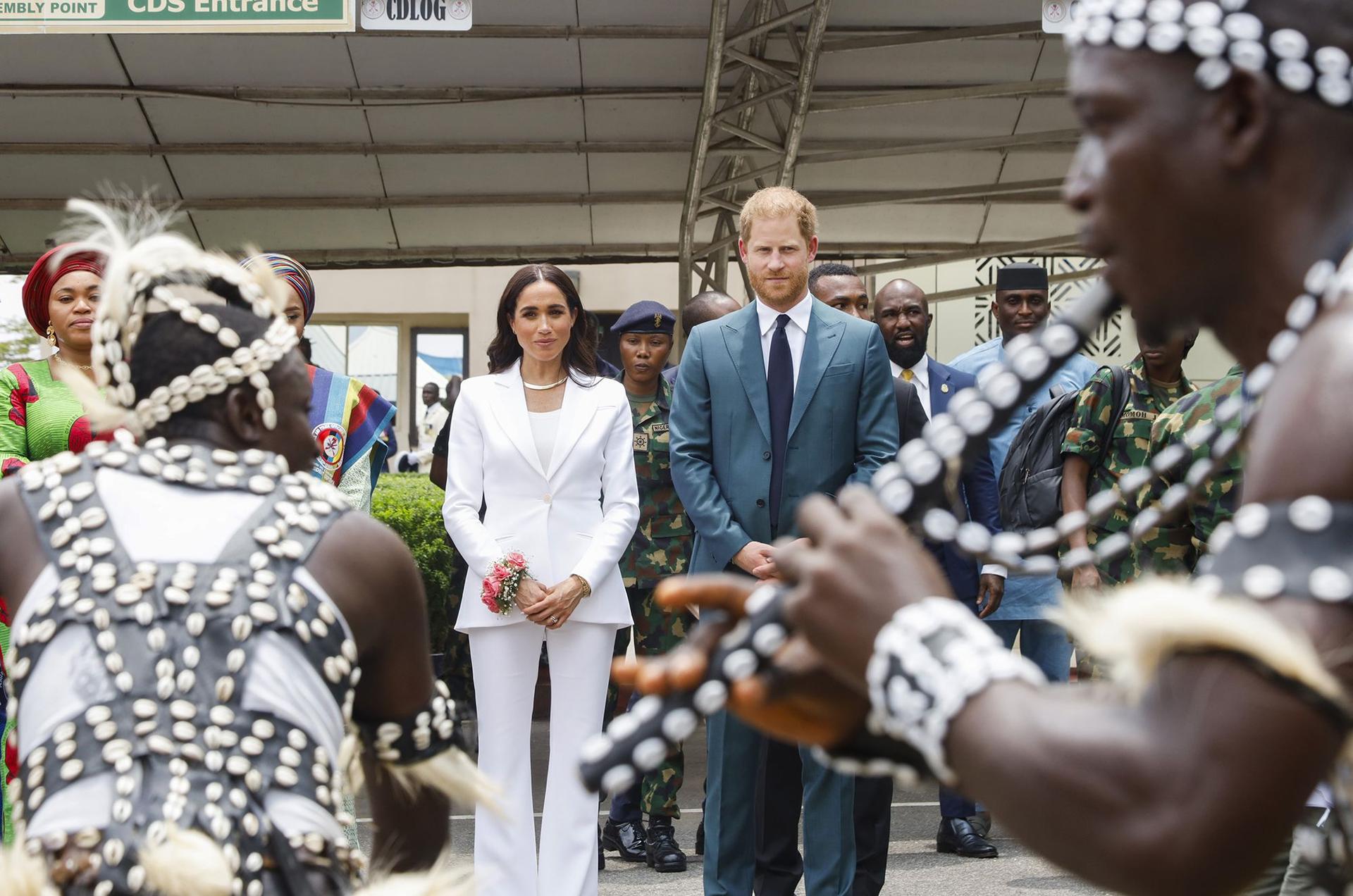 Prince Harry, Duke of Sussex and Meghan, Duchess of Sussex meet with the Chief of Defence Staff of Nigeria at the Defence Headquarters in Abuja on May 10, 2024 in Abuja, Nigeria. 