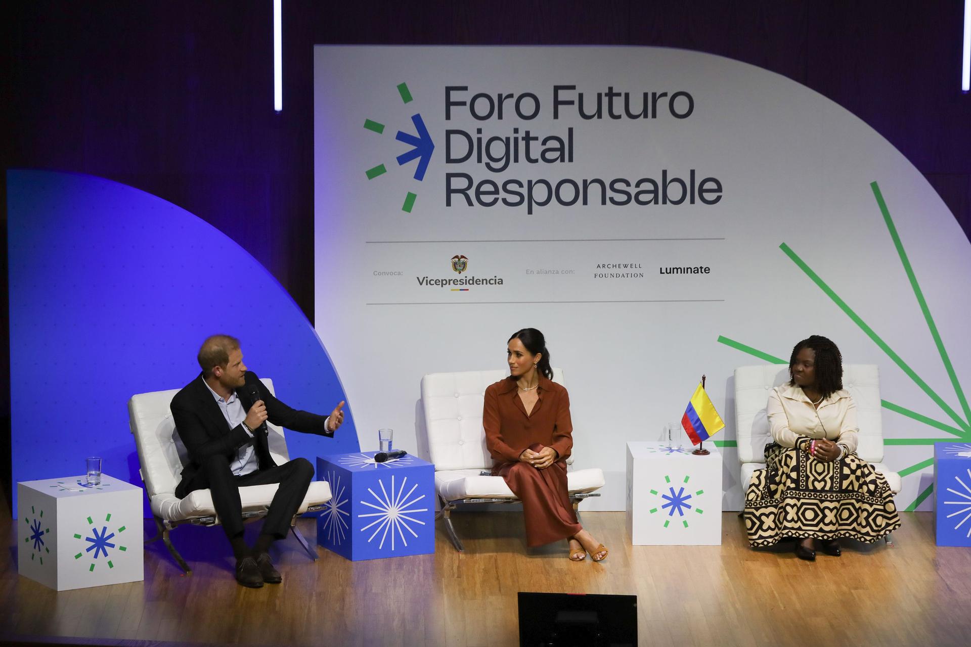 Harry, Meghan and Vice President Marquez attend 'Responsible Digital Future' forum at EAN University in Bogota, Colombia on August 15.