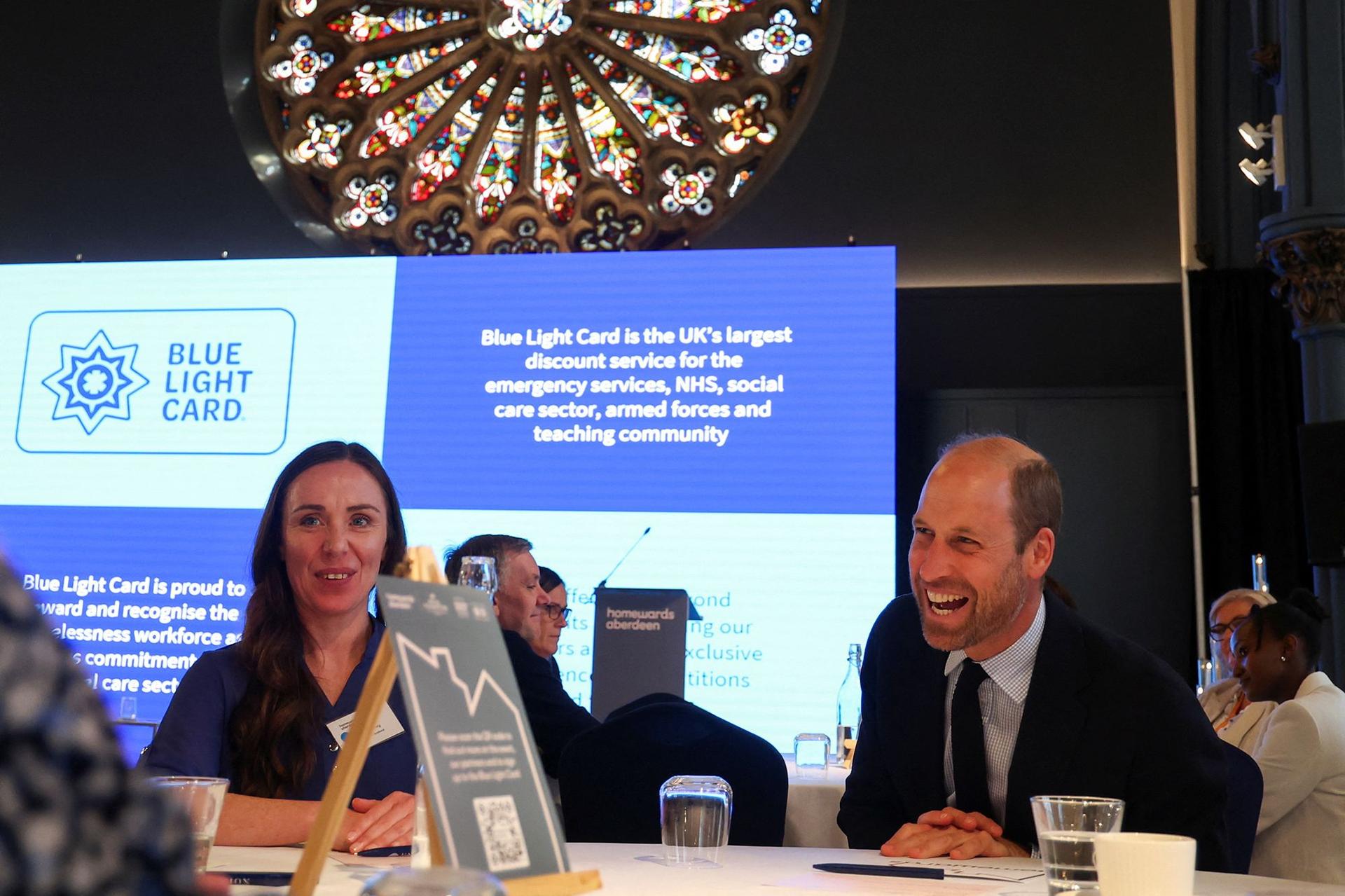 Prince William, Prince of Wales, known as the Duke of Rothesay when in Scotland, laughs during an event hosted by Homewards Aberdeen on September 19, 2024 in Aberdeen, Scotland.