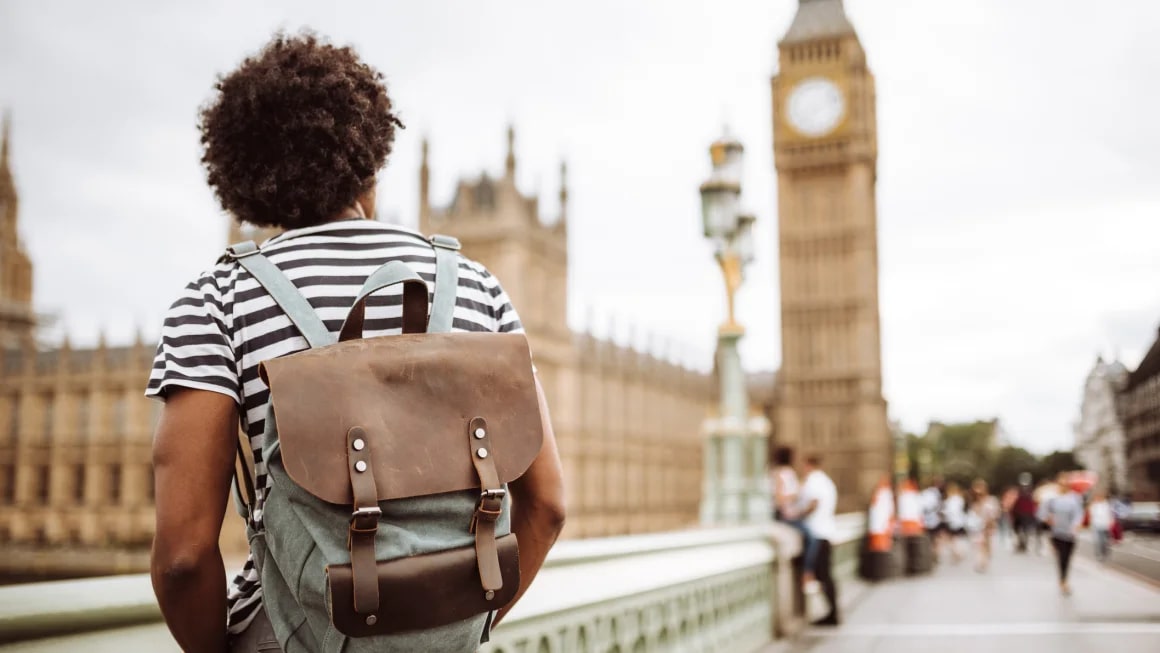 Person in London wearing a backpack