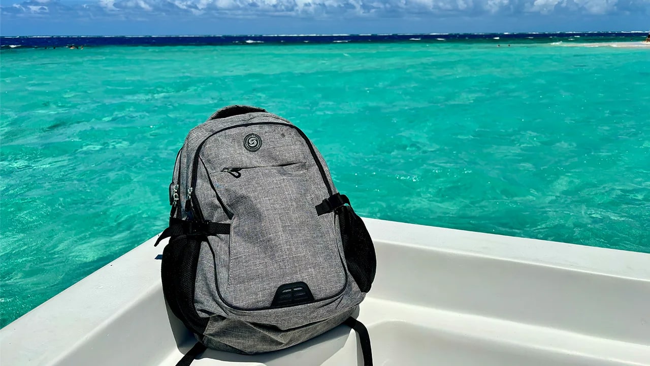 Gray backpack on a boat