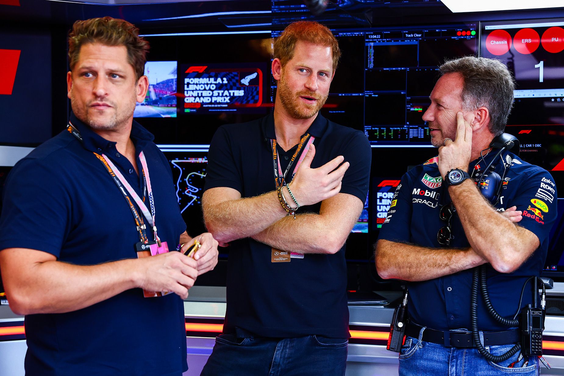 Prince Harry chats to Red Bull Racing Team Principal Christian Horner in the garage prior to the Formula 1 United States Grand Prix at Circuit of the Americas on October 22, 2023 in Austin, Texas. 