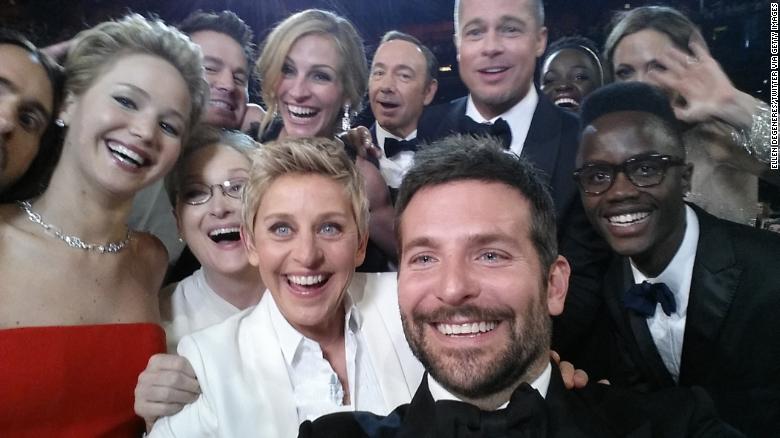 Host Ellen DeGeneres' viral group selfie during the 2014 Academy Awards.