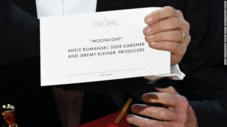 The ''Best Picture'' winner card displayed onstage during the 2017 Academy Awards.