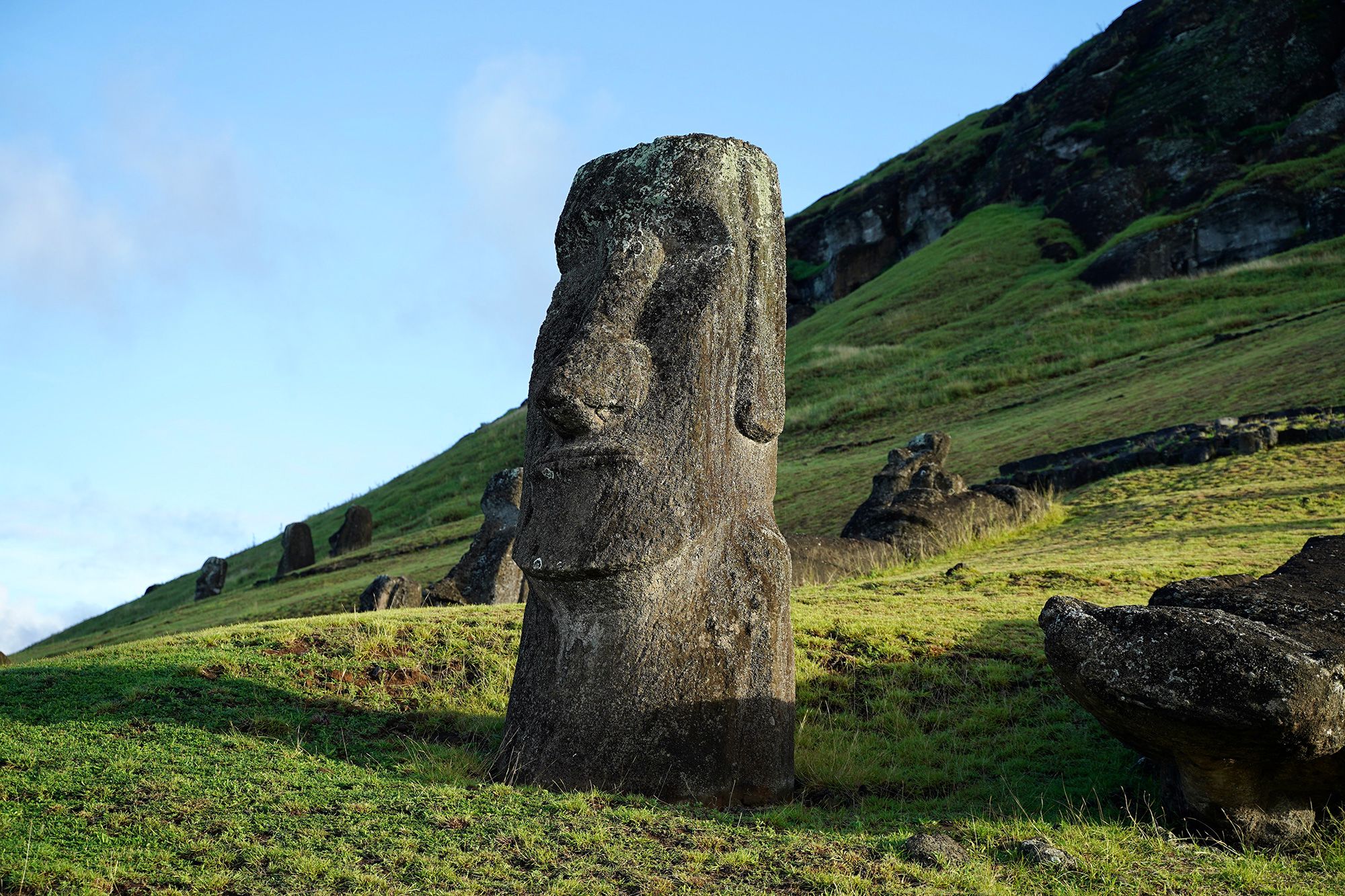 Rapa Nui, located in the southeastern Pacific Ocean, is known for its hundreds of carved moai, or giant stone head sculptures.