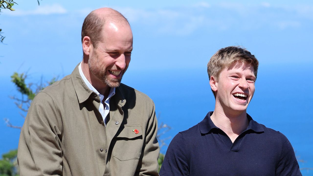 Prince William talks to Robert Irwin during his visit at Signal Hill on November 5 in Cape Town.