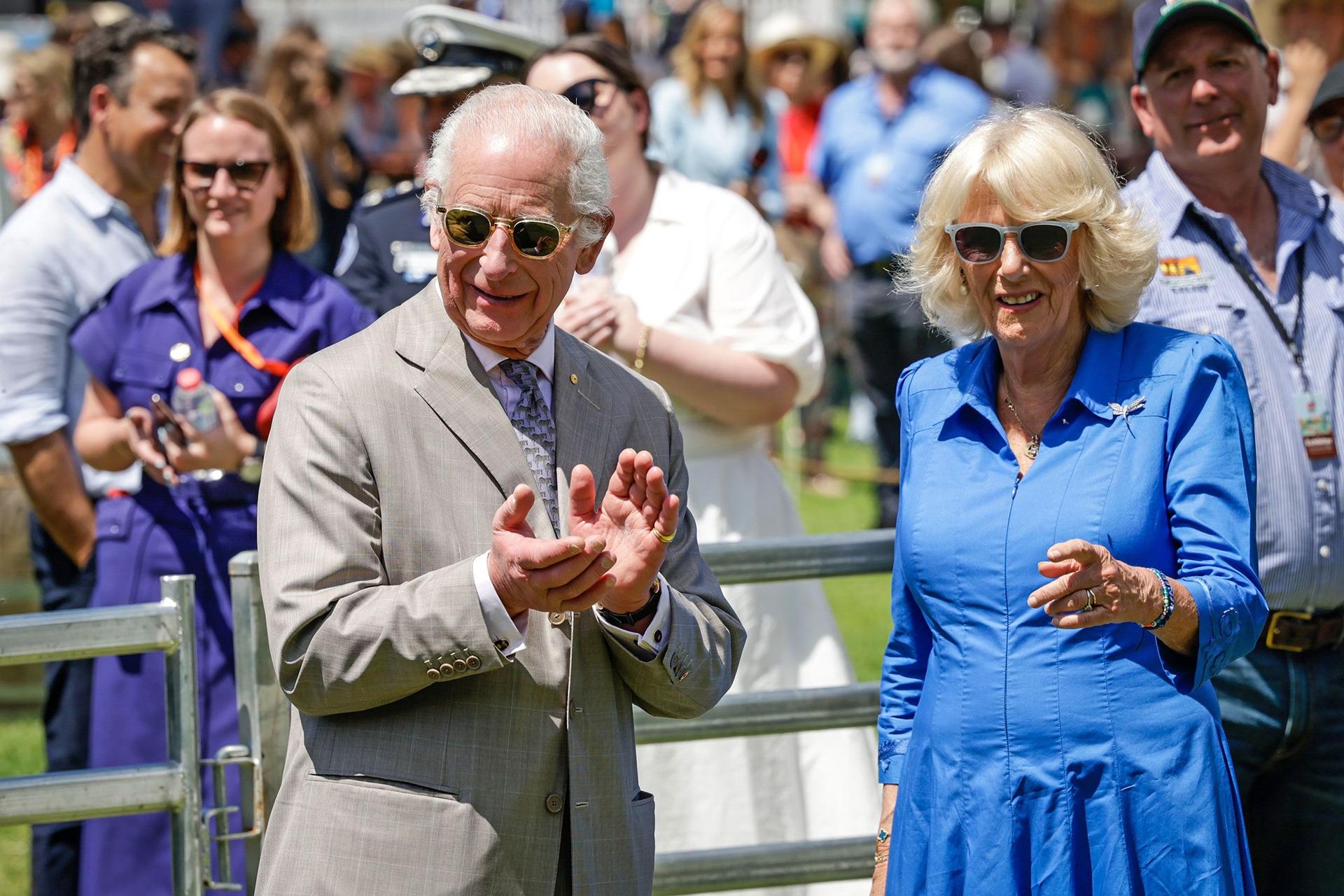 King Charles III and Queen Camilla view a sheep dog demonstration as they attend a community BBQ on October 22 in Sydney. 