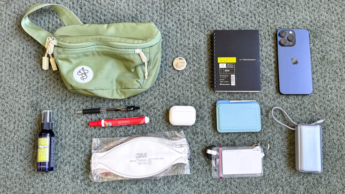 Flat lay of a fanny pack and products