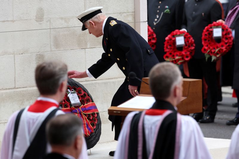 King Charles lays his wreath during the National Service of Remembrance at The Cenotaph in London on November 10, 2024.